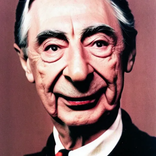 Image similar to fred rogers gothic horror chic portrait diffusion glow smoke fire, art by salvador dali