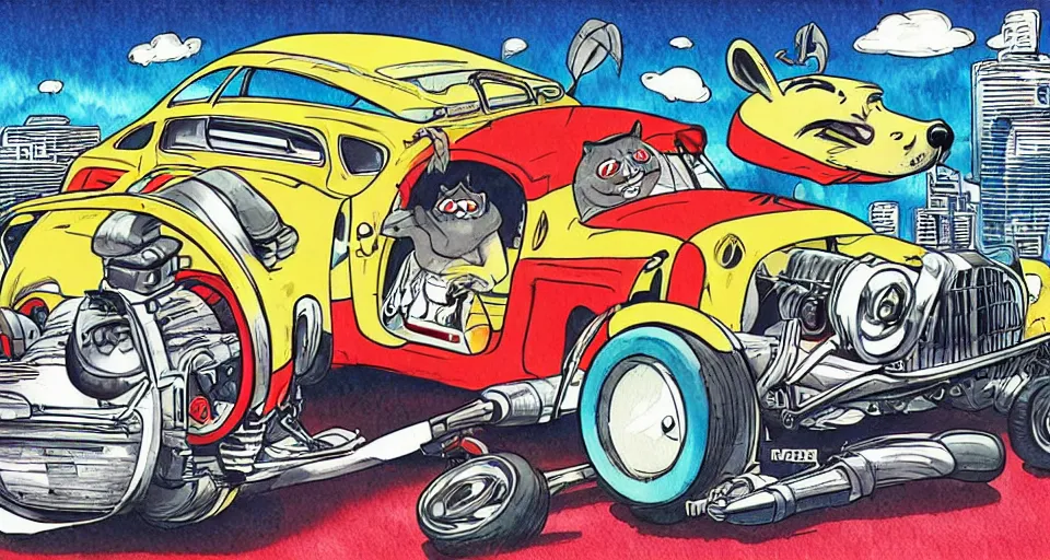 Image similar to funny, comic book style, racoon riding in a tiny hot rod coupe with oversized engine, ratfink style by ed roth, centered award winning watercolor pen illustration, by chihiro iwasaki, edited by range murata