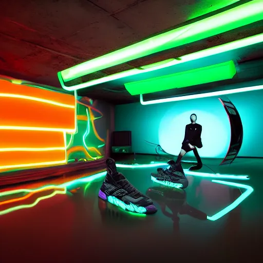 Prompt: a profesional studio advertising photograph of a pair of digital futuristic sneakers with neon lights and mayan aesthetic shot in a profesional photographic studio