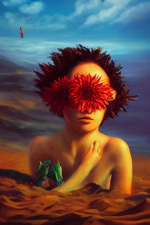 Image similar to closeup giant dahlia flower head, girl laying on beach, surreal photography, blue sky, sunrise, dramatic light, impressionist painting, digital painting, artstation, simon stalenhag