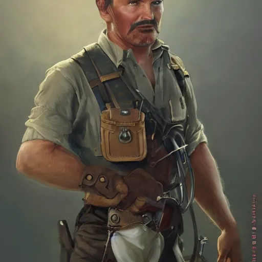 Image similar to a highly detailed epic cinematic concept art CG render digital painting artwork costume design: Errol Flynn as a 1950s sly army mechanic engineer with a thick stubble. By Greg Rutkowski, Ilya Kuvshinov, WLOP, Stanley Artgerm Lau, Ruan Jia and Fenghua Zhong, trending on ArtStation, subtle muted cinematic colors, made in Maya, Blender and Photoshop, octane render, excellent composition, cinematic atmosphere, dynamic dramatic cinematic lighting, aesthetic, very inspirational, arthouse