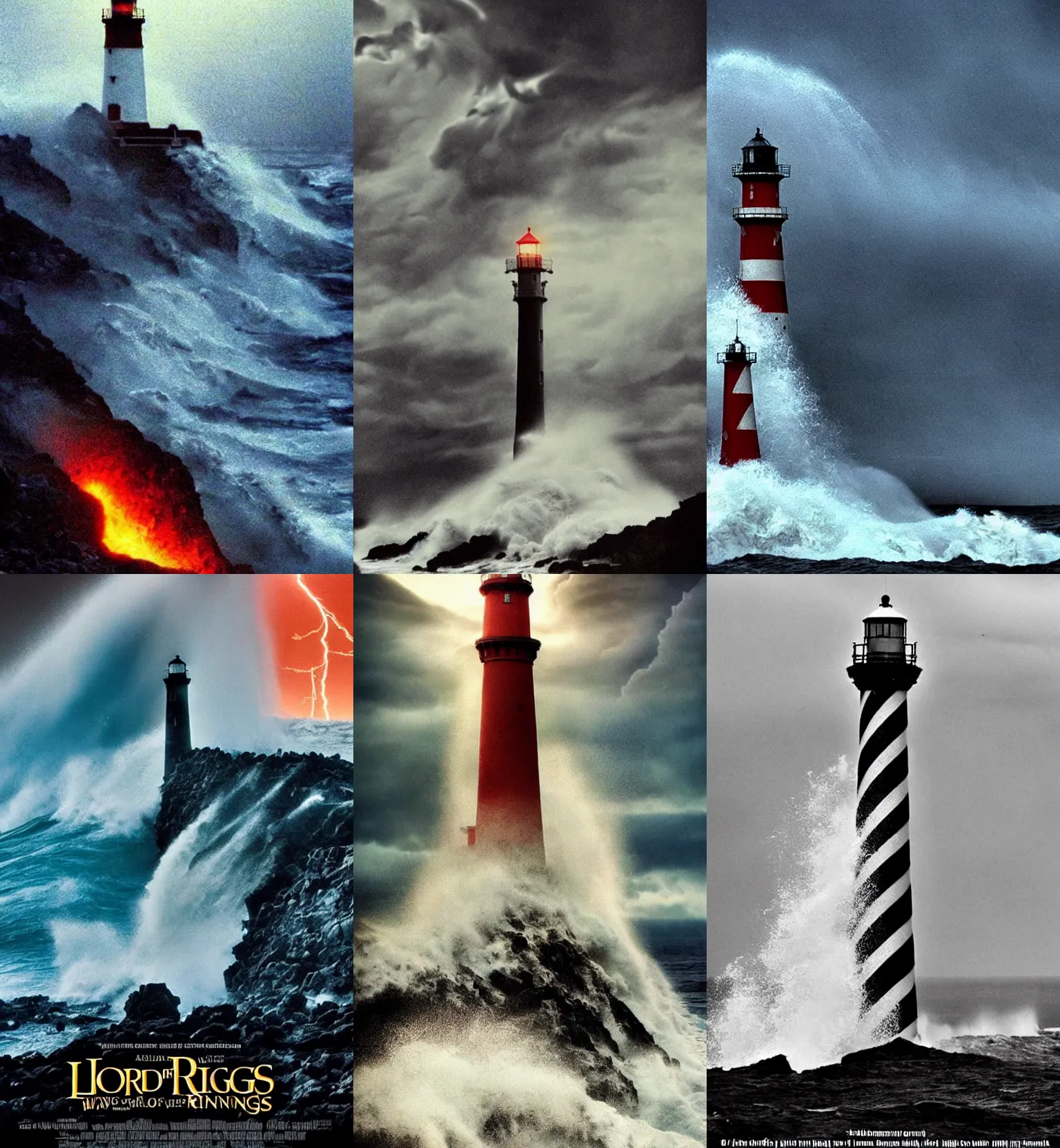 Prompt: movie poster, huge waves crashing over a lighthouse, lord of the rings, sauron, volcanic rock, iceland, crazy, impossible, lightning!!!!!!!!!!!!!!!!!!!!!, ship wreck, scary