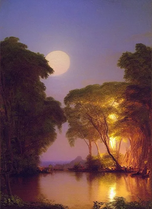 Prompt: the night time river of light, tropical vegetation, serene moonlight, by frederic edwin church,