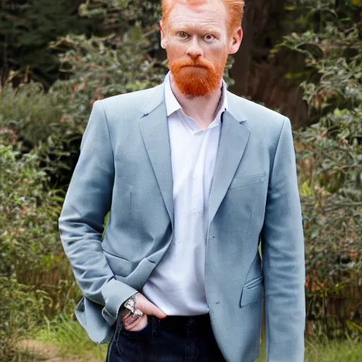 Image similar to photograph of an angelic ginger man in his 40s, greenish blue eyes, small nose, clean shaven, no wrinkles, tall, wearing a white shirt and elegant gray dress jacket, looking into the distance