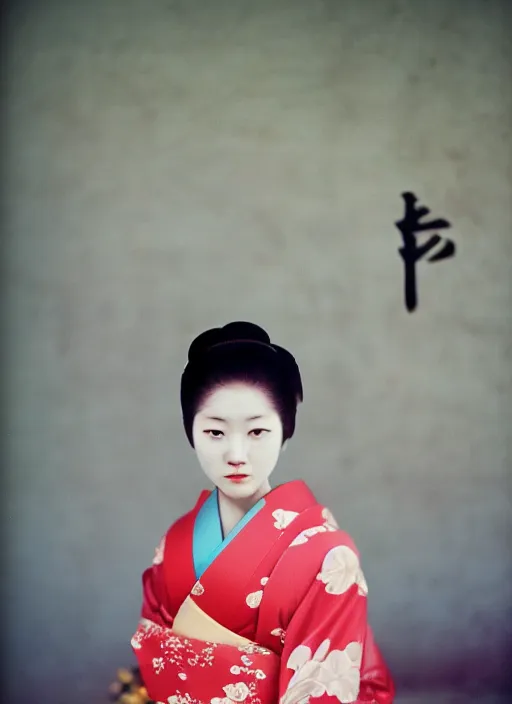 Prompt: Portrait Photograph of a Japanese Geisha Konica Centuria Superia 200