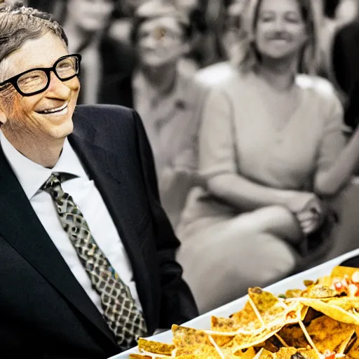 Image similar to bill gates smiling down at a huge plate of cheesy nachos, candid photography