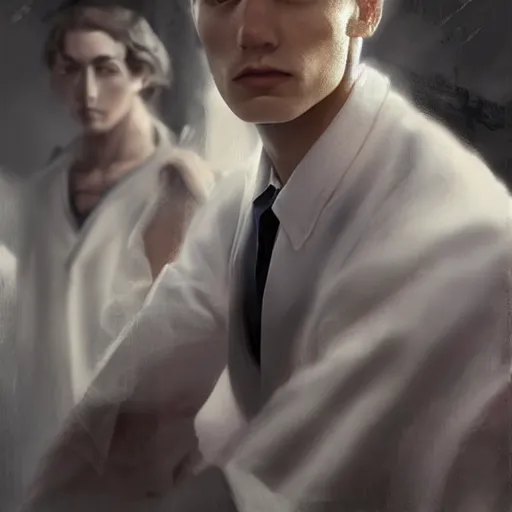 Image similar to portrait of a regal prince with sharp cheekbones, white clothes, high collar, close up, wistful melancholic hopeful expression, super details, surrounded by furious people, modern digital art, matte painting, science fiction