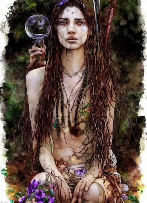 Prompt: portrait, beautiful Stoner hippy girl, sitting in a druid circle, smoking a magical bong, gypsy, watercolor, dramatic lighting, cinematic, establishing shot, extremely high detail, foto realistic, cinematic lighting, pen and ink, intricate line drawings, by Yoshitaka Amano, Ruan Jia, Kentaro Miura, Artgerm, post processed, concept art, artstation, matte painting, style by eddie mendoza, raphael lacoste, alex ross