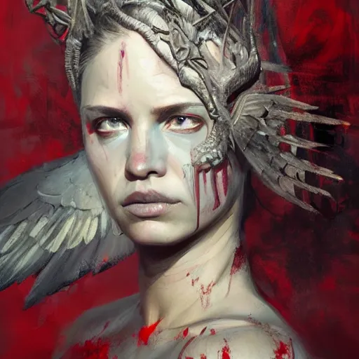 Prompt: portrait of the god of death, beautiful female face, angelic, dark, blood, by jeremy mann, by lucian freud, god rays, female warrior, warrior face painting red, wings, holding a weapon, intricate, highly detailed, trending on artstation, award winning, cinematic