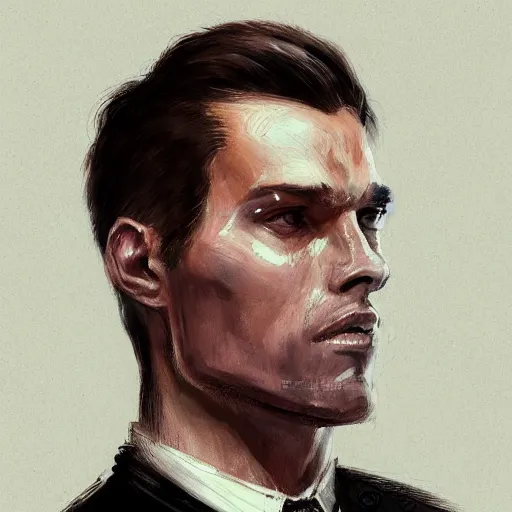 Image similar to Portrait of a man by Greg Rutkowski, he is about 30 years old, mixture between russian and German, coiffed brown hair, attractive, smart looking, he is wearing a black futuristic lawyer outfit, highly detailed portrait, scifi, digital painting, artstation, concept art, smooth, sharp foccus ilustration, Artstation HQ