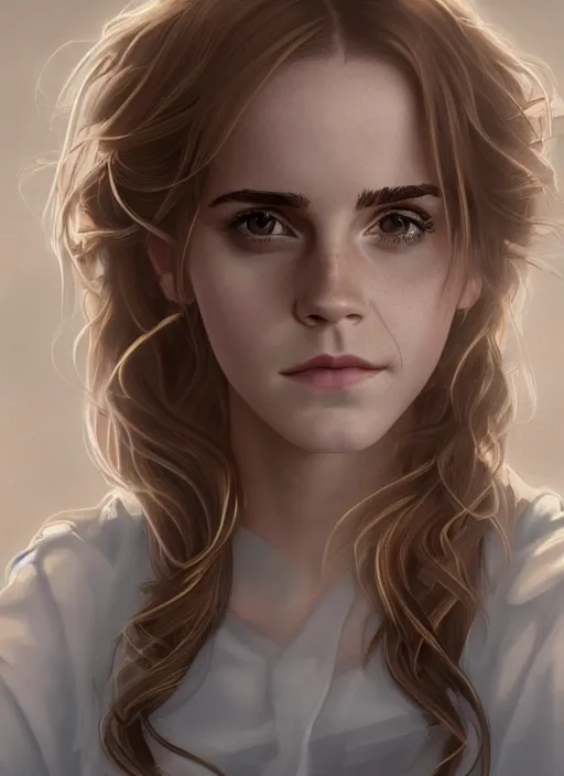 Image similar to portrait of emma watson as hermione granger. beautiful. happy. art by shinji aramaki. extremely detailed. 4 k.