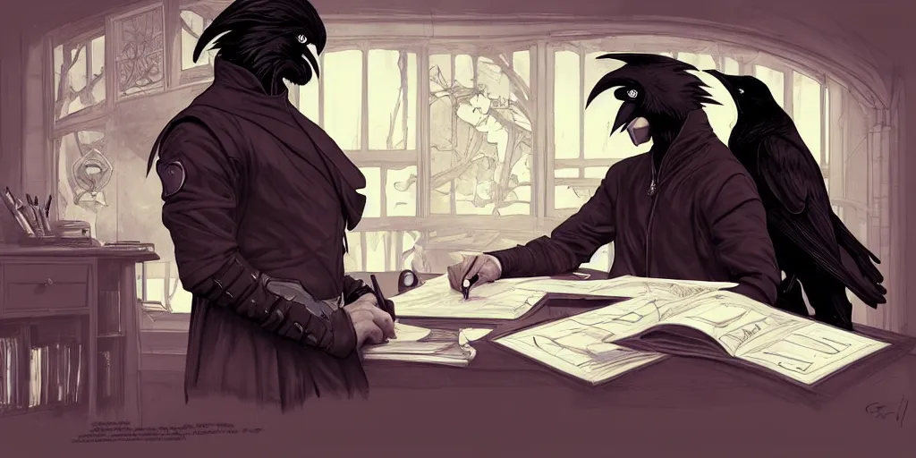 Prompt: a raven scholar writing at his desk. character sheet, character design, contrast, deep focus, turnaround, highly detailed, dramatic lighting, digital painting, artstation, concept art, matte, sharp focus, illustration, elegant, art by artgerm and greg f and alphonse mucha.