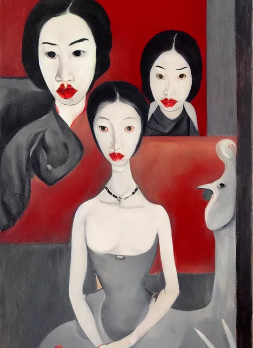 Image similar to a painting of gorgeous asian girls, frozen cold stare, blood red background, transparent gray dress, crows with red eyes looking inwards as a symbol of death, in style of Edward Hopper, John Singer Sargant, Chaim Soutine, surrealism of Francis Bacon, American Gothic, 8k, ultradetailed