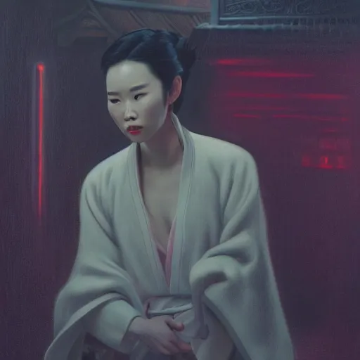 Prompt: Portrait of Mulan, pitch black room, extremely detailed, oil on canvas, low-key neon lighting, realist, artstation, Blade Runner 2049, Roger Deakin’s cinematography, by J. C. Leyendecker and Peter Paul Rubens and Stephen Bauman,