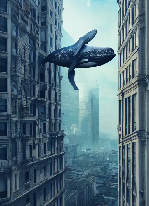 Image similar to whale flying over a building, wearing fashion clothing, id magazine, hyperrealism, detailed textures, photorealistic, 3 d city, ultra realistic, cinematic, intricate, cinematic light, unreal engine 8 k, octane render, unreal engine, david kostic, artgerm