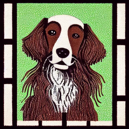 Prompt: a brown spaniel with a white chest , sat down playing a piano. Fine art, geometric, pointillism, lightning,Artwork. no text