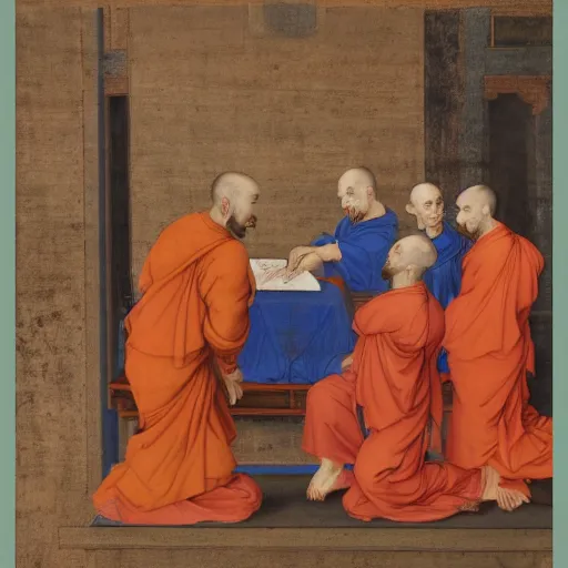 Prompt: Raphael painting of a group of monks Jesuits drawing on Chinese scrolls, 15th century European fine art, masterpiece, oil on canvas, by Raphael, detailed, 4k resolution, realistic