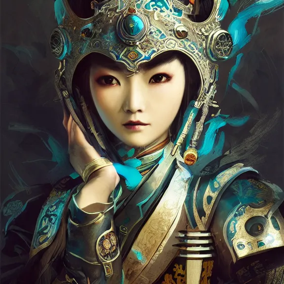 Image similar to ancient chinese princess with steampunk mask, dynasty warriors, headshot, elegant, unreal engine, 8 k, blue color scheme, headshot, highly detailed, smooth, ink painting, artstation, concept art, in style of yoji shinkawa, pan ren wei, col price, atey ghailan, by greg rutkowski, aesthetic