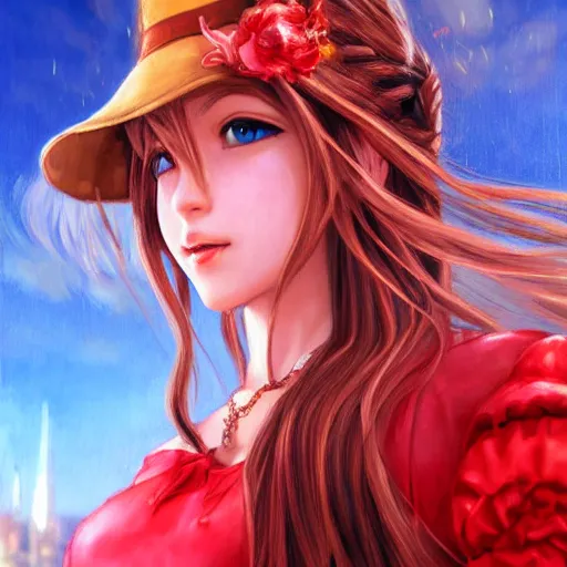 Prompt: dreamy colorful portrait oil painting of aerith gainsborough from from final fantasy 7 in her signature red dress with the steam punk city midgard as backdrop, by master artist yoshitaka amano trending on artstation