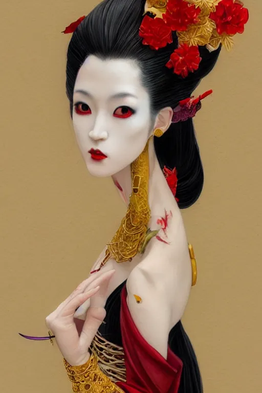 Prompt: watercolor painting of a japanese bjd geisha vampire queen with a long neck by hajime sorayama, irakli nadar, amy sol, epic dark - fantasy, red, gold flowers, black, surrealism, artgerm