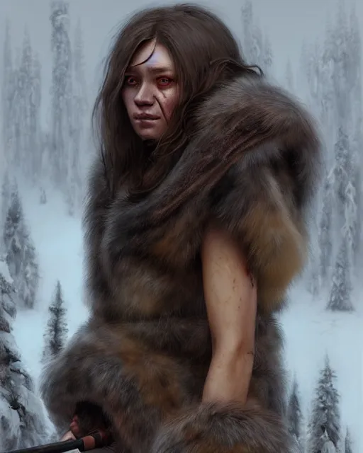 Image similar to ugly female nordic berserker with bear fur coat | | realistic shaded, unpleasant face, bad looking, fine details, realistic shaded lighting poster by greg rutkowski, magali villeneuve, artgerm, jeremy lipkin and michael garmash and rob rey