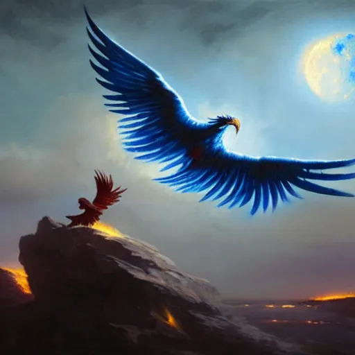 Image similar to blue phoenix flying in front of the moon, glowing light, fire, oil painting by greg rutkowski, 8 k