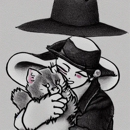 Prompt: baby kitten with a cowboy hat hugging a pink baby kitten, drawing by studio ghibli