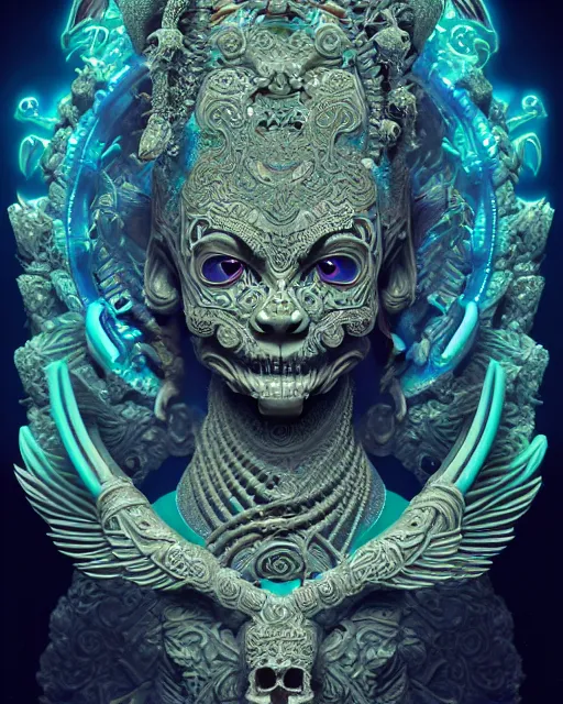 Image similar to 3 d ornate carved goddess with tattoos profile portrait, sigma 5 0 0 mm f / 5. beautiful intricate highly detailed quetzalcoatl skull. bioluminescent, plasma, lava, ice, water, wind, creature, thunderstorm! artwork by tooth wu and wlop and beeple and greg rutkowski, 8 k trending on artstation