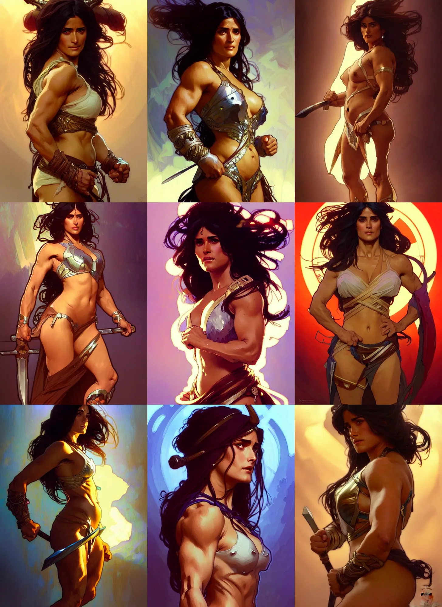 Prompt: digital character concept art by artgerm greg rutkowski alphonse mucha sylvain sarrailh of salma hayek as a muscled barbarian fighter, perfect likeness, clear portrait, holy body! light effect. hyper detailed, glowing lights!! intricate, elegant, digital painting, artstation, smooth, sharp focus