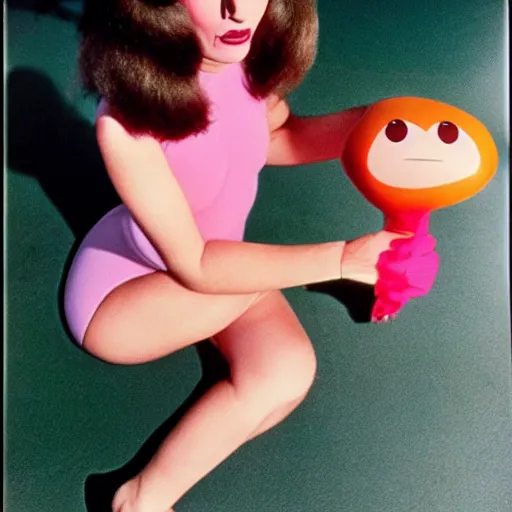 Image similar to 1976 woman wearing an inflatable plastic nose, soft color, wearing a leotard 1976 holding a hand puppet, color film 16mm Almodovar John Waters Russ Meyer Doris Wishman old photo