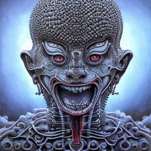 Image similar to naraka buddhist alien demon korean, thailand art, tubular creature, blood vessels, blue eyes, black energy, dystopian surrealism, zdzisław beksinski, symmetry accurate features, very intricate details, high resolution, symmetrical long head, smooth marble surfaces, detailed ink illustration, robot, metal gear, cinematic smooth stone, deep aesthetic, concept art