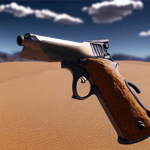 Prompt: a picture of a desert eagle with a backdrop of a desert and an eagle on the top of a sand dune, 8k, ultra realistic, unreal engine 6