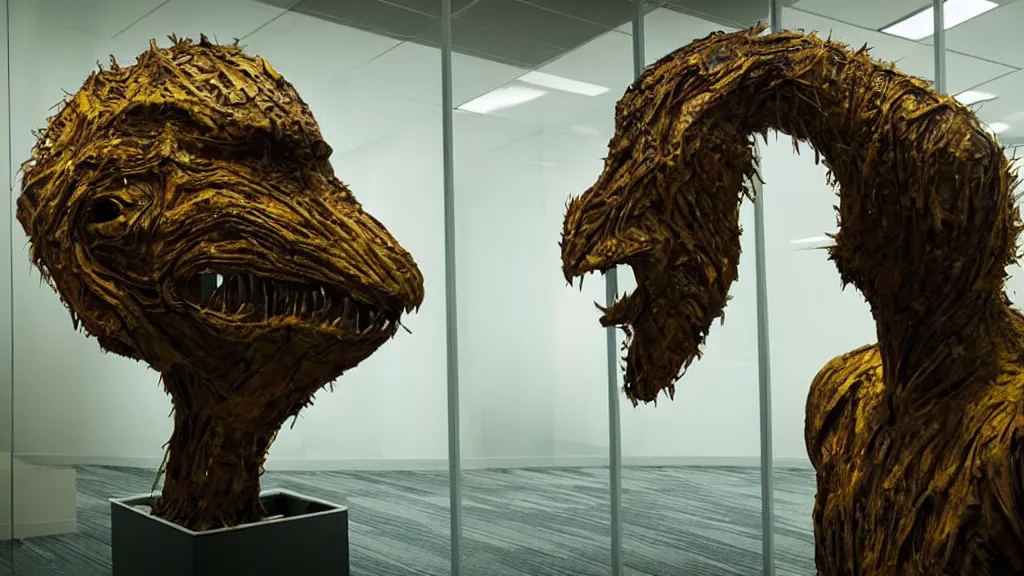 Image similar to the strange giant creature head in the office, made of oil and water, film still from the movie directed by Denis Villeneuve with art direction by Salvador Dalí