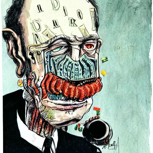 Image similar to Jacob Rothschild full body shot, dollar bills Body horror, biopunk, by Ralph Steadman, Francis Bacon, Hunter S Thompson