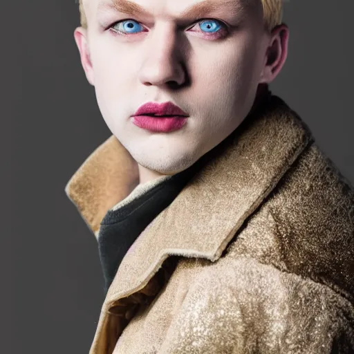 Image similar to a professional studio low - key lighting high contrast photography portrait of a young blonde blue eye man in an ornate vintage coat golden leafs, taking off horror mask, highly detailed mid shot dutch angle, volumetric lighting one source, gloaming eye whites portrait, poster, 4 k, award winning, canon, photo of the year, dalle 2 reference