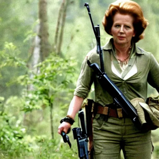 Image similar to A movie still of Margaret Thatcher as Rambo in Rambo First Blood (1982)