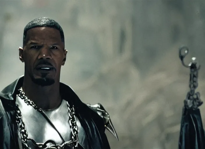 Image similar to film still of jamie foxx as spawn in the new spawn movie, giant chains, large cape, 8 k