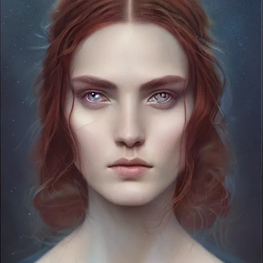Image similar to tom bagshaw portrait, very beautiful scientist in a full dress and long thin lustrous auburn hair, professionally retouched, focus eyes, ultra realistic soft painting, insanely detailed linework, symmetrical accurate intricate features, behance, 8 k