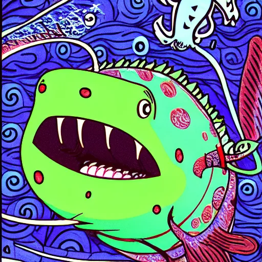 Image similar to illustration of an angler fish, in the stle of yoshi yoshitani, deep sea, large mouth filled with pointed teeth, stylized linework, ornamentation, artistic, color