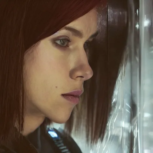 Image similar to a beautiful medium - shot still of scarlett johansson as the major motoko kusanagi from ghost in the shell, cyberpunk style, looking off into the distance, motoko kusanagi hair style, black hairs, ultra realistic, soft, blue hour, soft neons light from night city falling on her face. focus on her eyes and brows. by annie leibowitz