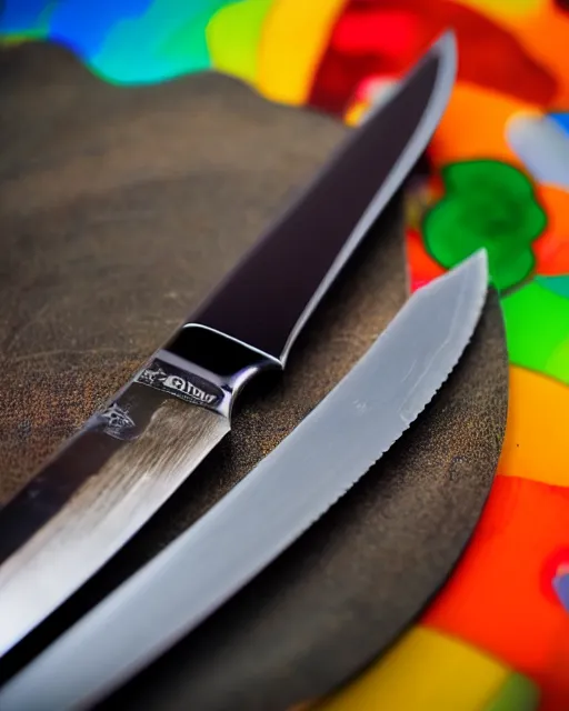 Prompt: An extremely detailed colorful studio photo of a kitchen knife with a black handle; bokeh, 90mm, f/1.4