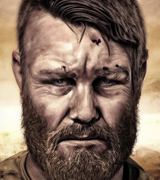 Image similar to portrait of muscular, tired and alcoholic 3 0 - year - ol 5 grieving man with short darkblonde hair, serious sad look in his eyes, looking down, dirty beard, blue eyes, crying tears, wearing dirty soldier uniform, on the desert, sad atmosphere, hyper realistic face, character art, art by mark brooks, cryengine, trending on artstation, digital art