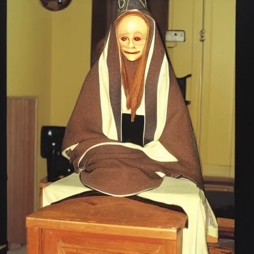 Prompt: Hildegard Von Bingen ventriloquist dummy on a stool, 35mm film