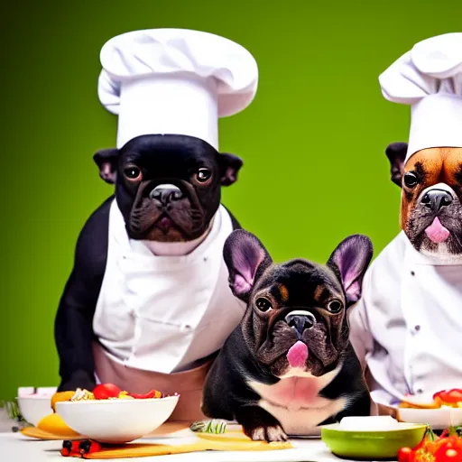Image similar to a 8k highly detailed still photo by Anne Geddes of Two multi-colored French Bulldogs in chef hats and aprons starring on a cooking show