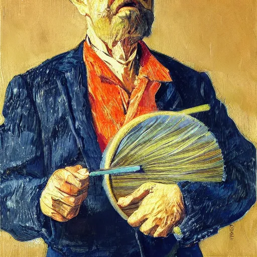 Prompt: a painting of a man holding a brush and palette, a detailed painting by stanisław wyspianski, reddit, post - impressionism, picasso, studio portrait, ilya kuvshinov