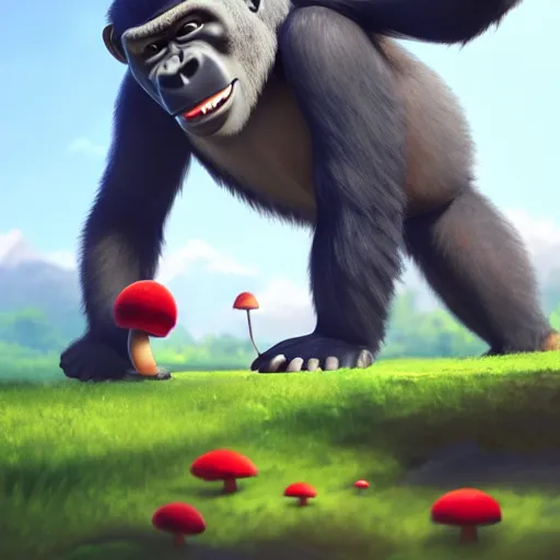 Image similar to a wholesome animation key shot of a gorilla holding a very small red mushroom, chilled out smirk on face, red headphones on head, studio ghibli, pixar and disney animation, sharp, rendered in unreal engine 5, anime key art by greg rutkowski, bloom, dramatic lighting