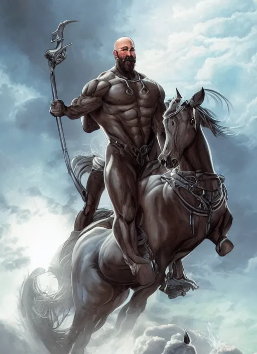 Image similar to chonky ethan van sciver with a bald head and grey trimmed beard with a pointy nose as the first horseman of the apocalypse riding a strong big black stallion, horse is up on its hind legs, beautiful artwork by artgerm and rutkowski, breathtaking, beautifully lit, dramatic, full view