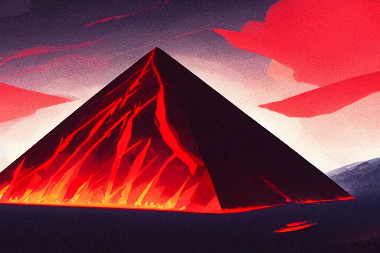 Prompt: concept art painting of an evil large black obsidian pyramid!! with lava running down the centre in the middle, nightime, red lightning!!, dynamic lighting, vibrant, realistic, detailed, cel shaded, in the style of makoto shinkai and greg rutkowski and james gurney