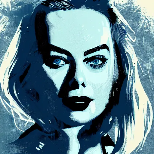 Image similar to margot robbie in a smokie room, digital art, in the style of Butcher Billy, artstation