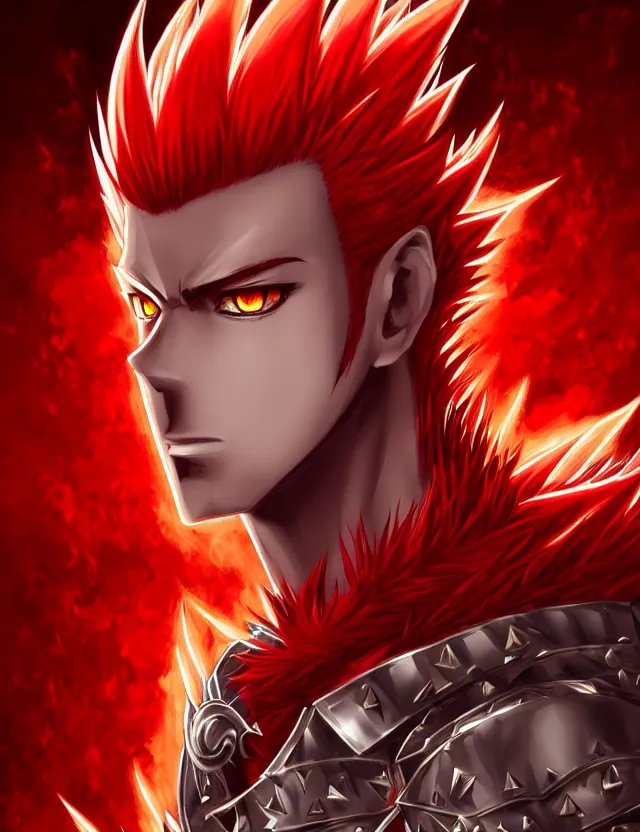 Image similar to a detailed manga portrait of a handsome tall man with spiked crimson hair in fiery crimson crystalline armour, trending on artstation, digital art, 4 k resolution, detailed, high quality, sharp focus, hq artwork, coherent, insane detail, character portrait